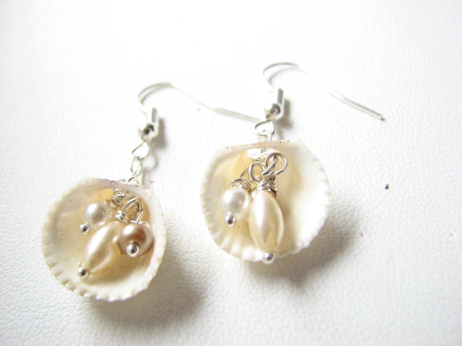 Shell Jewelry - Shell Earrings with Pearl Accent, Sea Shell Beach Wedding Jewelry