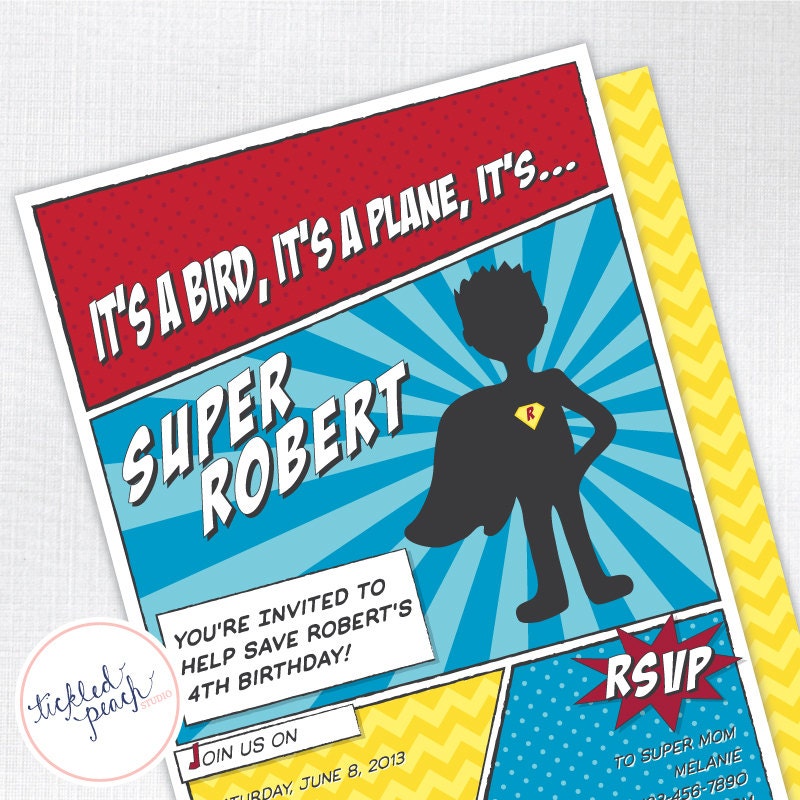 Super Hero Boy Birthday Party Invitation - red, yellow, blue - Custom Kids / Childrens Birthday Invite - DEPOSIT or digital delivery option Il_170x135