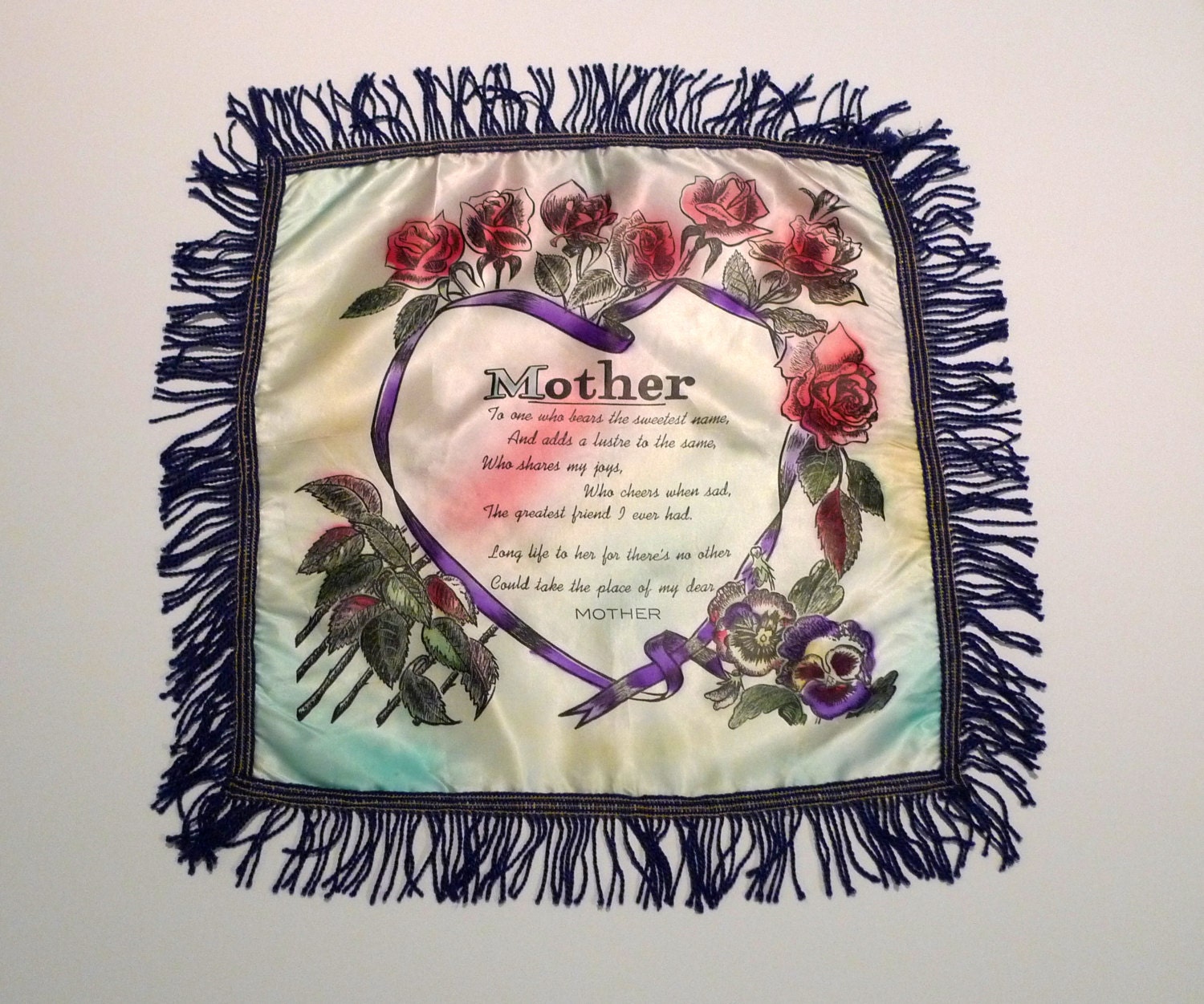 Mother Pillow Cover 1940's Pillow Cover Satin Mother Souvenir Sentimental Poem Blue Pink Floral Fringe mothers day gift FREE SHIPPING