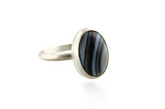 Black Banded Agate Gemstone Artisan Ring in Sterling Silver, romantic gifts, gifts for her, gifts for him, Mother's Day, summer jewelry