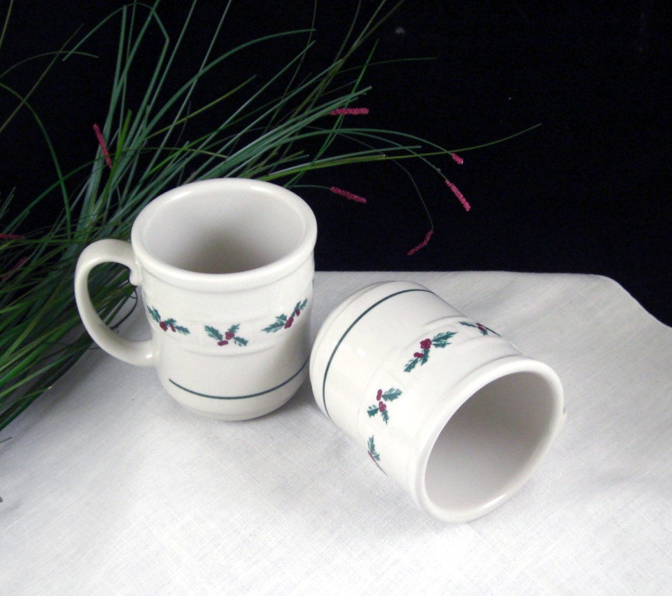 Vintage Longaberger Pottery Mugs /  Holly Pattern / Set of Two / 1990