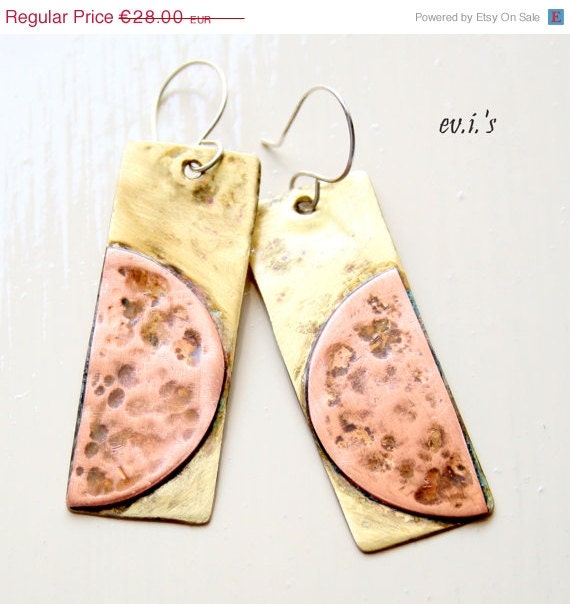 30% off Brass Stripes Copper Semi Circles Handcrafted Eco Friendly Metalwork Soldered Artisan Dangle Drop Earrings Gift for Her.Free Shippi