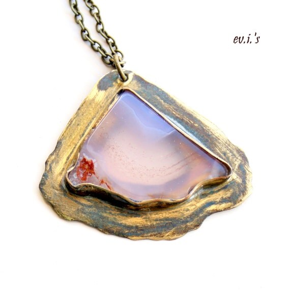 RESERVED Pink Agate Brass Eco Friendly Natural Oxidized Metalwork Soldered Artisan Bohemian Pendant Gift for Her.Free Shipping