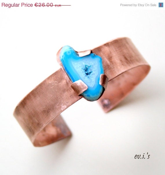 30% off Blue Agate Slice Copper Handcrafted Hand Cut Shinny Medium Wide Metalwork Statement Bracelet Cuff Gift for Her.Free Shipping