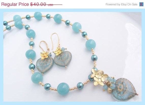 ON SALE Victorian Heart Necklace and Earrings Set, Retro Style, Summer, Fashion Colors, Gold , Wedding,Mother's Day, Bridal by Lyrisgems