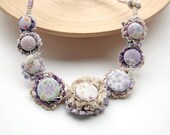 Handmade crochet necklace with fabric buttons, violet cream white, OOAK