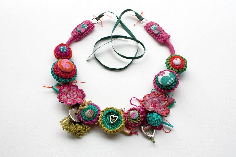 Fiber art necklace, crochet with fabric buttons, metal and ceramic pendants, pink chartreuse turquoise, OOAK