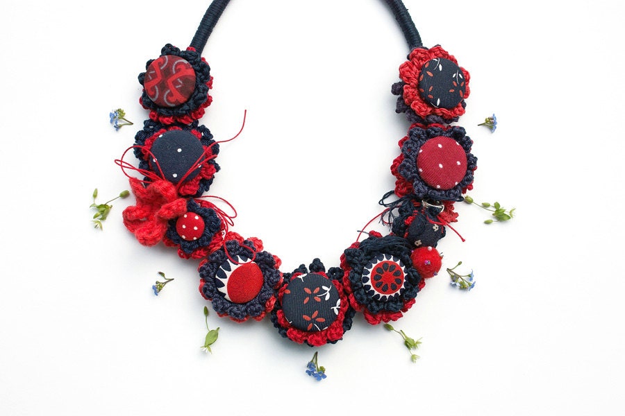 Red blue fiber art necklace, statement jewerly, crochet with fabric buttons, OOAK
