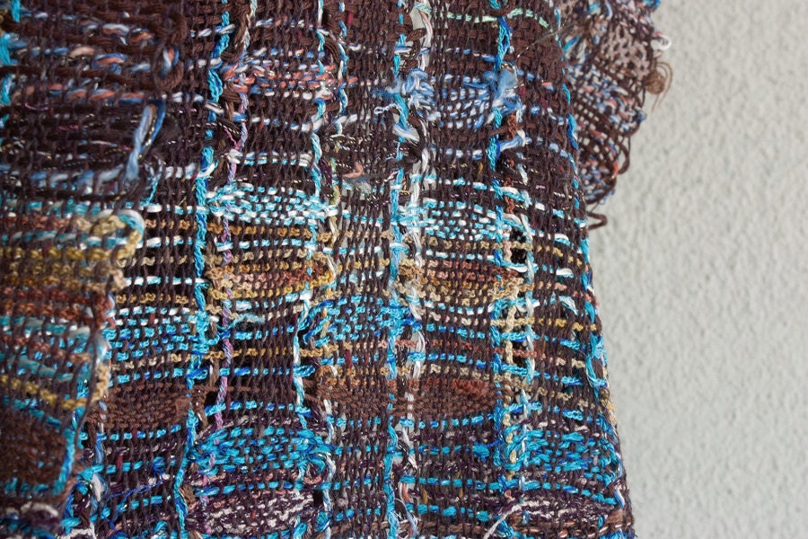Handwoven summer scarf, brown turquoise, OOAK