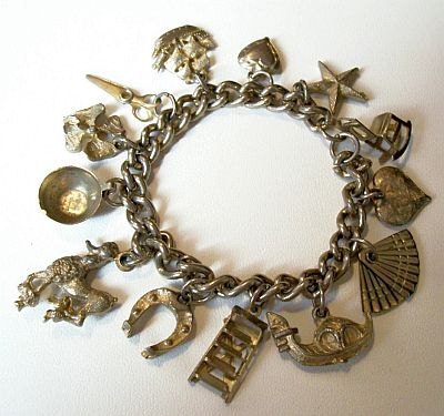 Vintage Charm Bracelet Loaded 13 charms silver gold plated chain 7" Heavy VG - BrightgemsTreasures