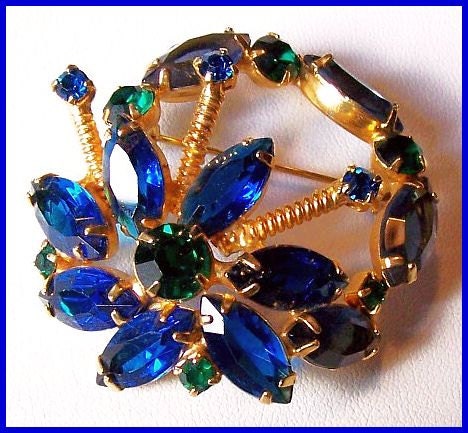 Vintage Juliana Style Brooch Pin Blue Green Rhinestones Gold Metal Fancy Design 2" VG