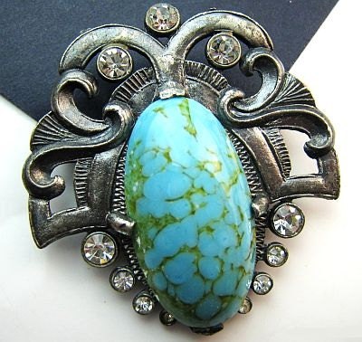 Vintage Deco Brooch Pin Signed Artisan NY Blue Green Marbled Stone Rhinestones Pot Metal 2"