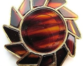 Vintage Brooch Pin Faux Tortoise Shell Root Beer Art Glass Gold Metal  Sunburst 2 1/4" VG