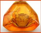 Vintage Pendant Amber Acrylic Real Cancer The Crab Gold Heavy Link Chain 28" VG