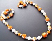 Vintage Beaded Necklace Orange White Czech Glass Beads Hook Tail Silver Findings 22" VG