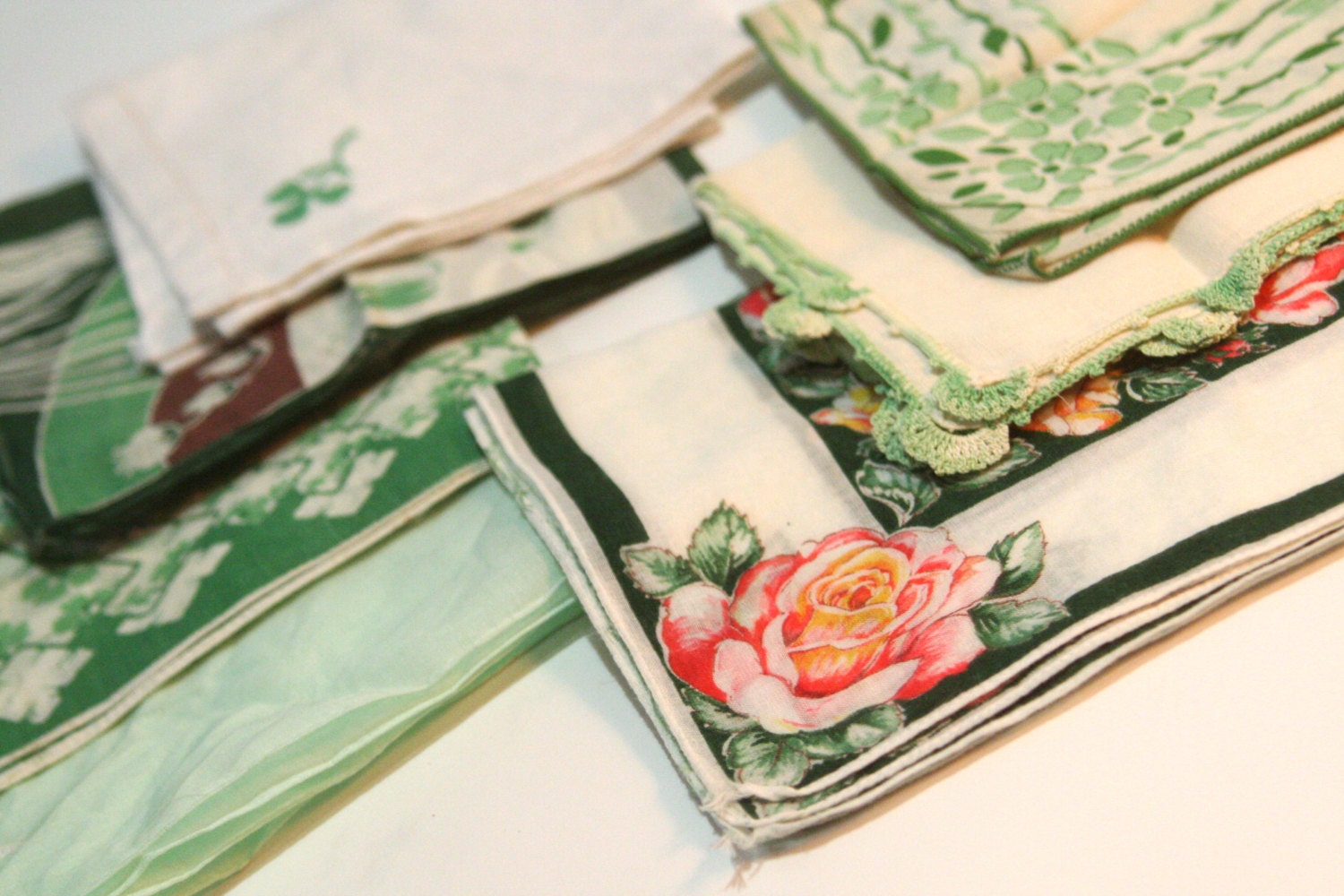 Vintage Set of 6 SIX Shades of GREEN Hankie collection lot sold by half dozen for tea party Napkins or boy girl baby shower party favors