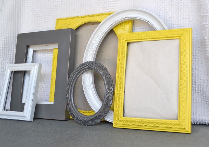 Sunny Yellow, Grey White Ornate Frames with GLASS set of 6 - Upcycled Frames Modern  Bedroom Decor Wedding Gift