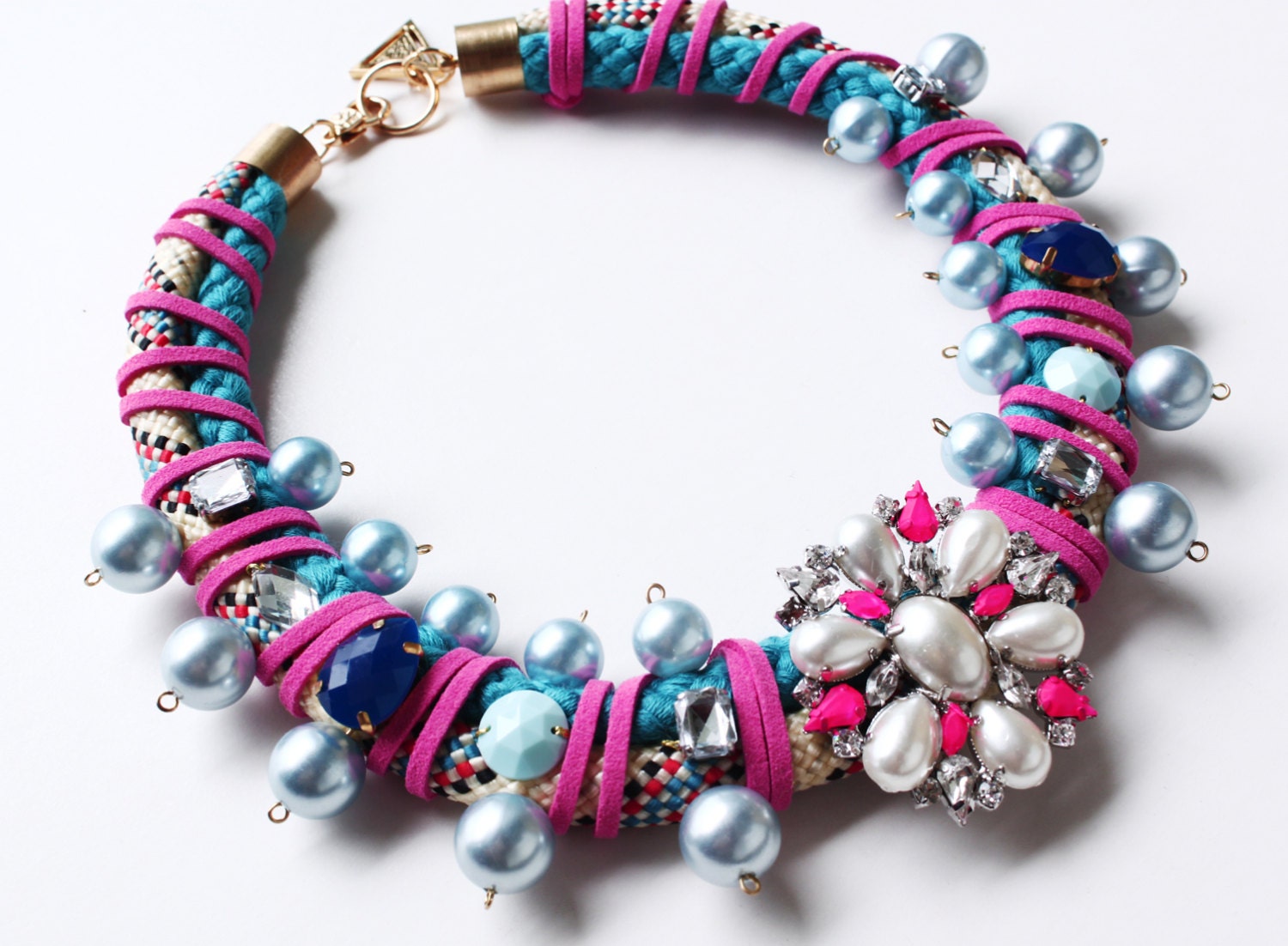 Darling, pastel tribal rope necklace with pearls rhinestones, collar, blue pink, SS13, colorful, quirky, unique statement necklace, OOAK