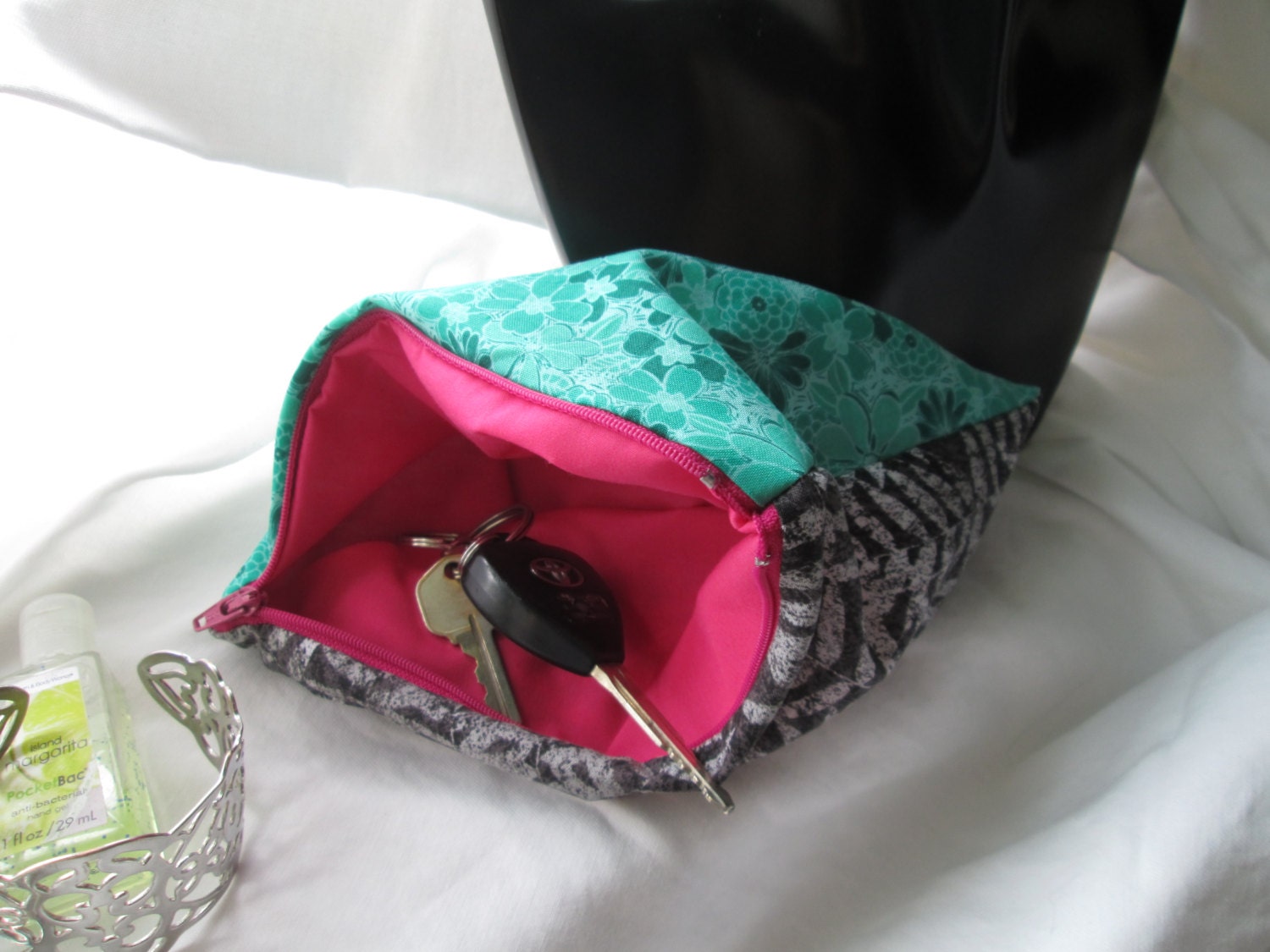 Green Floral cosmetic, Black leaf print pouch, pink zippered 8" handbag