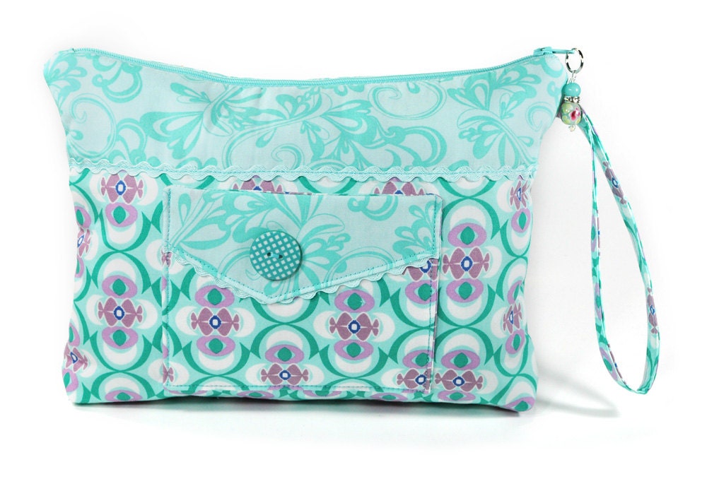 Teal Cosmetic Bag Zipper Wristlet Pouch