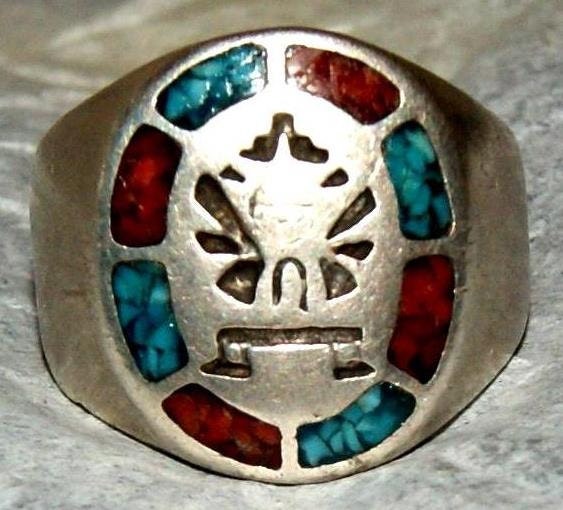 OLD PAWN ZUNI Knifewing Kachina Sterling Ring c1950 Size 8
