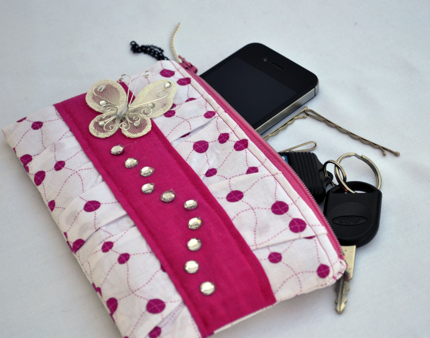 Pink and white pleated Clutch Purse, zippered Pouch, summer Clutch, wristlet