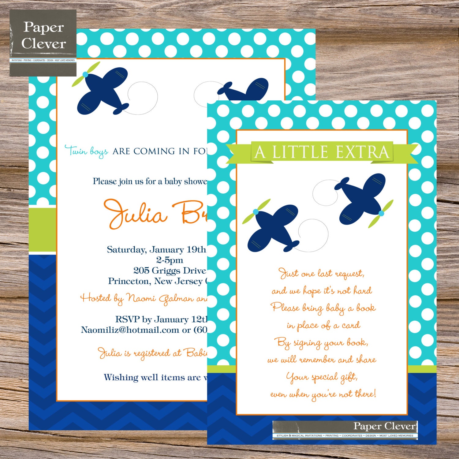 Boys baby shower invitation pack vintage, airplane, orange & aqua - Digital File, Printable Il_170x135