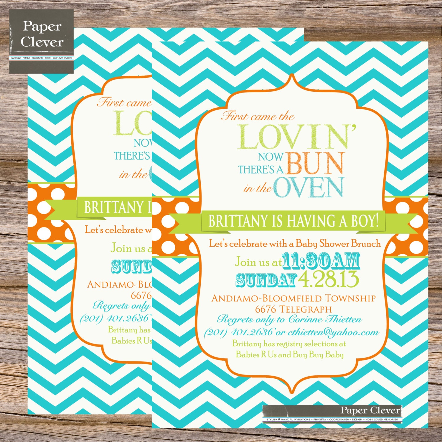 Boys baby shower invitation chevron, bun in oven, aqua blue, orange, green - digital, printable file Il_170x135
