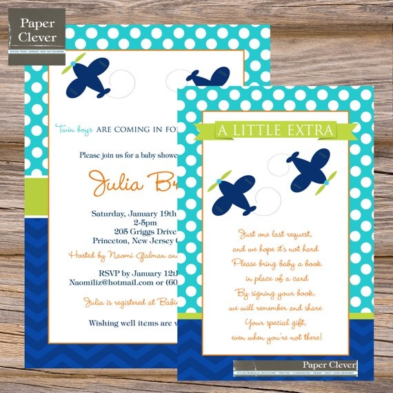 Boys baby shower invitation pack vintage, airplane, orange & aqua - Digital File, Printable Il_570xn