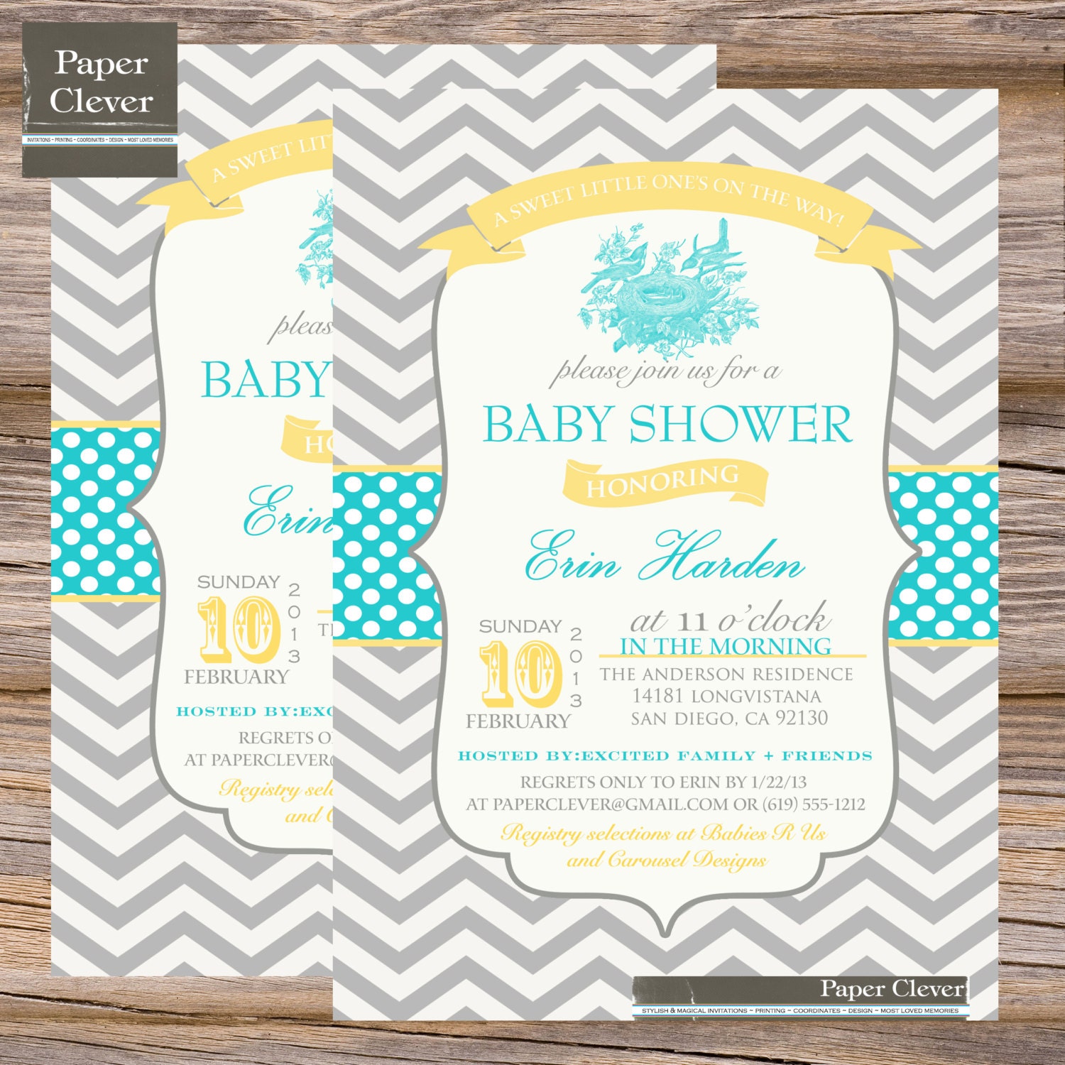 Baby shower invitation, bird aqua, yellow - printable, digital file #1529 Il_570xn