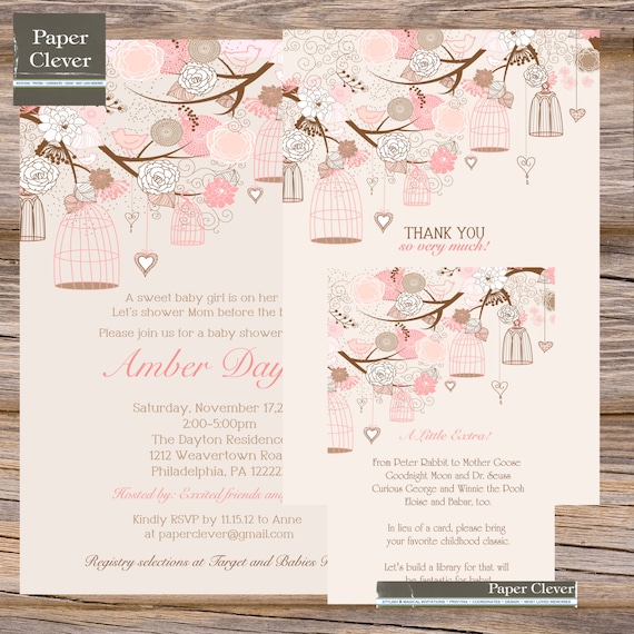 Girls Baby Shower Invitation vintage birdcage beige & pink digital file, printable #730 Il_570xn