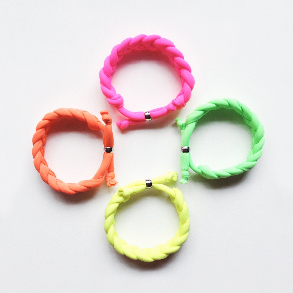 set of 4 - the braid bracelet - handmade with a neon fabric and a stainless steel bead
