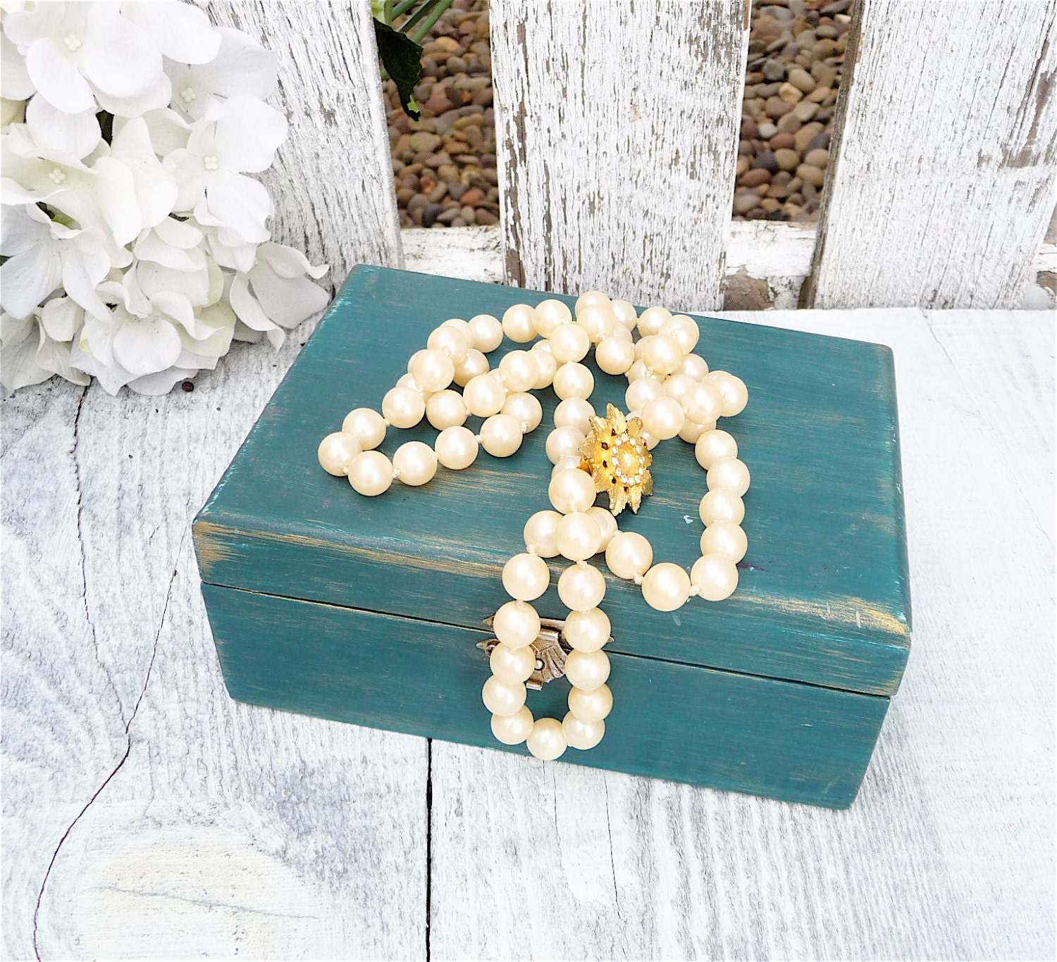 Teal and Gold SHABBY CHIC Small wood Trinket box, Keepsake box