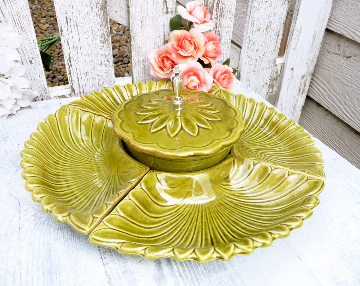 Avocado Green Lazy Susan California Pottery Condiment / Chip and Dip/ Veggie Tray Set