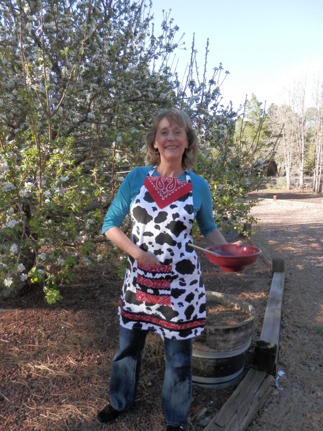 Western Cow Print Apron with Red Bandana Accents