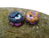 One eyed wonder bugs, mated pair, lovely millefiori flower patterns, polymer clay