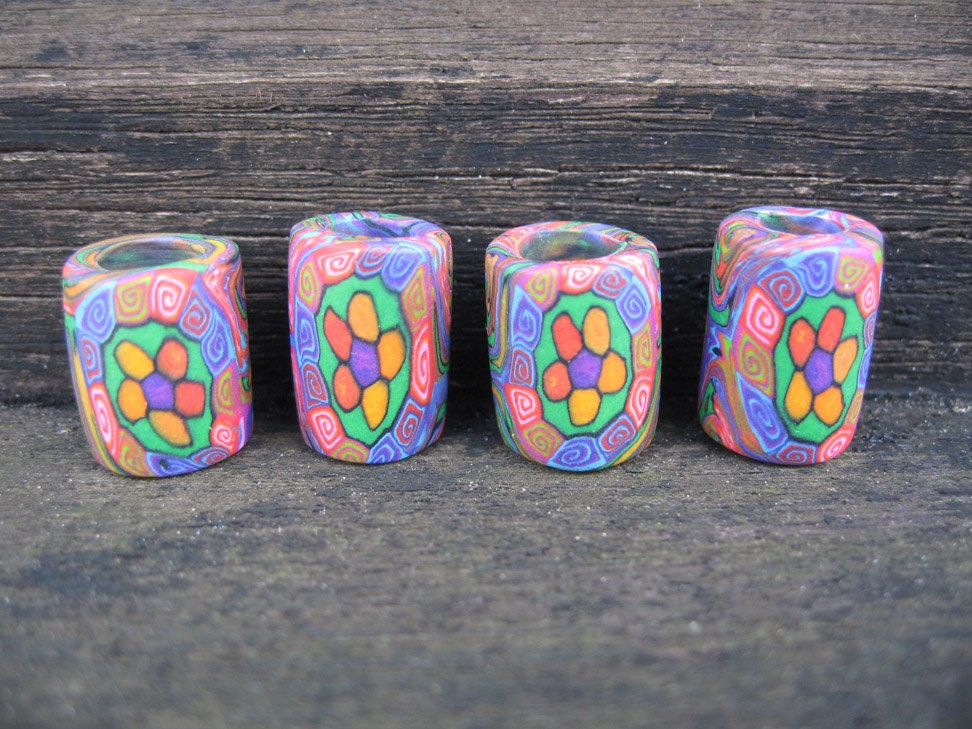 Four dreadlock beads, flower power, bright funky colors, small to medium size