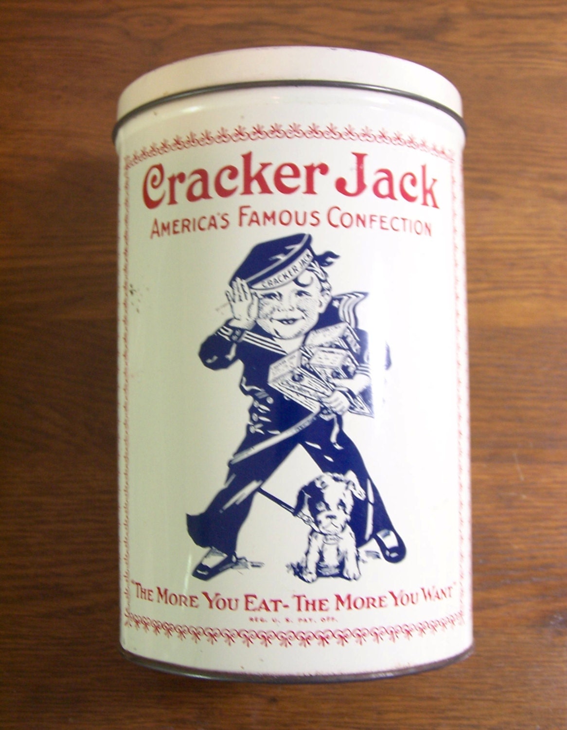 Replica of 1900s CRACKER JACK TIN - Advertising Collectible - Enamelled Metal Canister - Famous American Confection