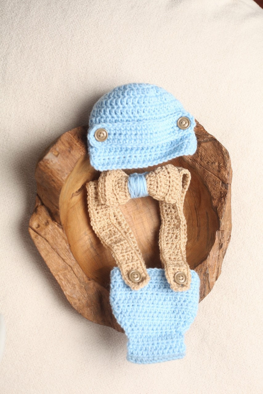 Little Man Hat, Bowtie & Suspenders Diaper Cover Set in Buff Baby Blue- Newborn Cap Halloween Thanksgiving Christmas Gift Winter Outfit