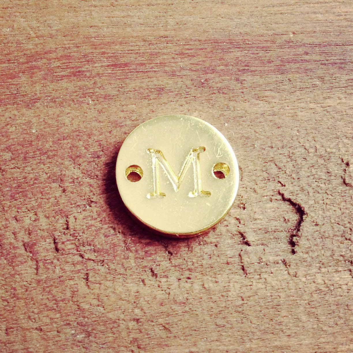 1 - Letter M Stamped Initial Charm Connector 22K GOLD Plated Copper 10mm Round Disc Monogram Letter Alphabet