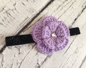 Headband with a crochet flower, Girls hair accessory, Purple lavender flower, black sparkly headband, Photography prop, Spring/Summer