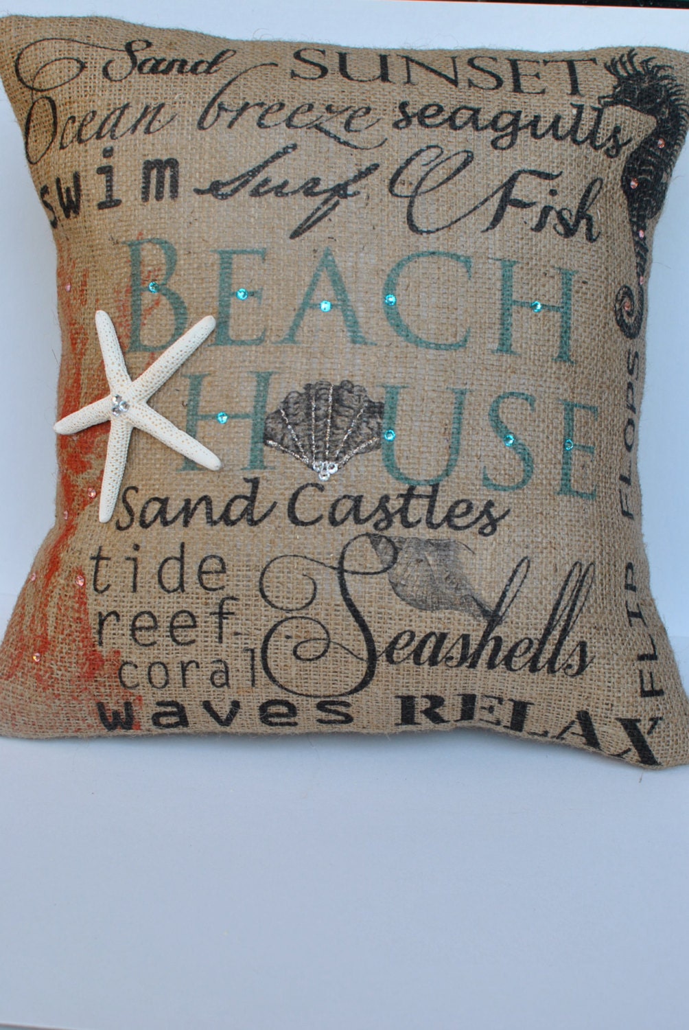 Beach House  Beach themed burlap pillow