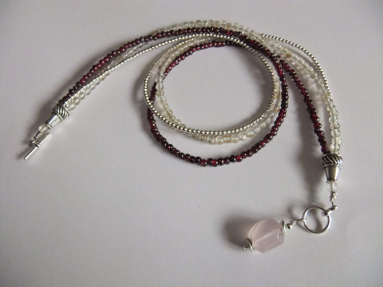 Madagascar Rose Quartz, Honey Quartz, Garnet, and Silver Necklace