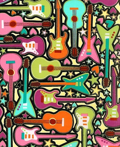 NEW - Benartex Fabric - Girls Rock - Rock On Guitars - Lime