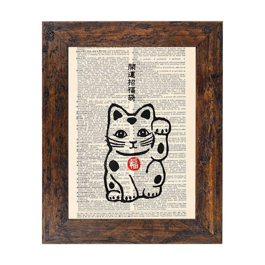 Maneki Neko Good Luck Cat Vintage Asian Print on an Unframed Upcycled Bookpage