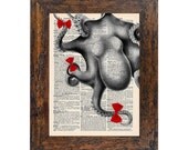 Put A Bow On It Vintage Octopus Original Print on an Antique Upcycled Bookpage
