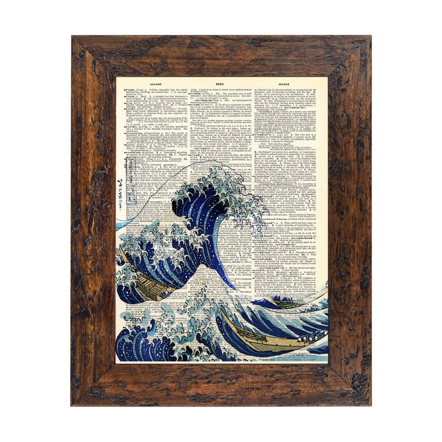 The Great Japanese Wave Classic Retro Print on an Unframed Upcycled Bookpage
