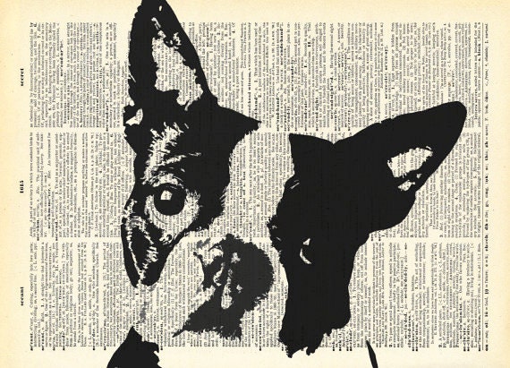 Very Mod Boston Terrier Original Artwork Print on an Unframed Upcycled Bookpage