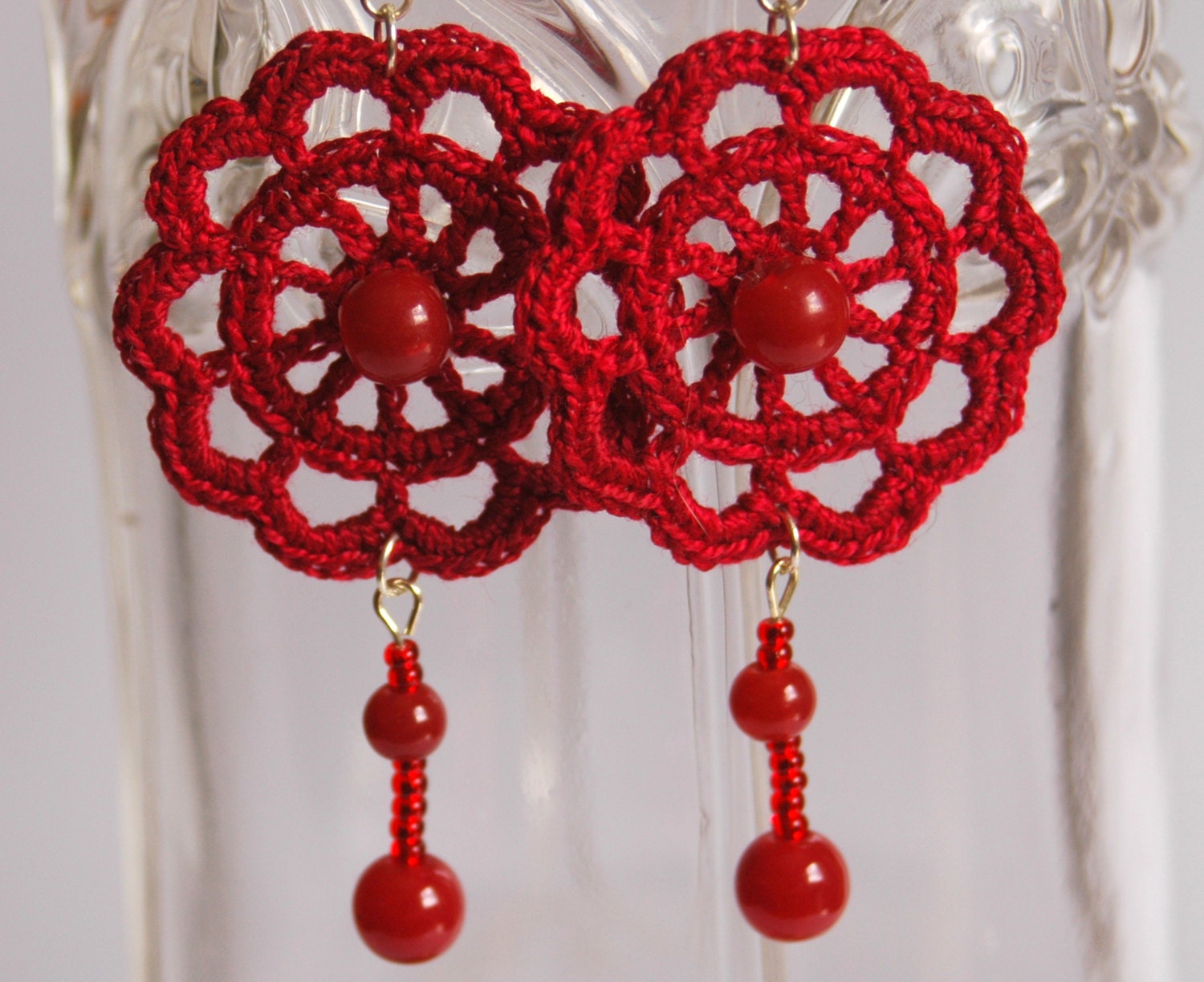 Red garnet crochet earring - Crochet earring jewelry - Large crochet earring - Crochet earring - Crochet flower - Red garnet
