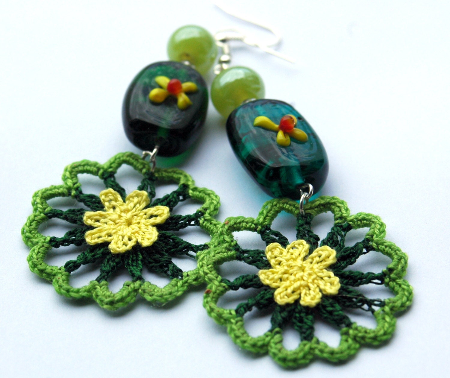 Crochet earring jewelry - Large crochet earring - Crochet earring - Crochet flower - Green earrings